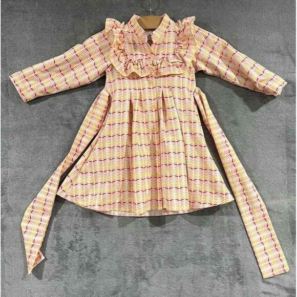 Christy & Fang Girls Dress Pink Yellow Retro Cottagecore Ruffle A-Line Sz Small - Picture 2 of 11